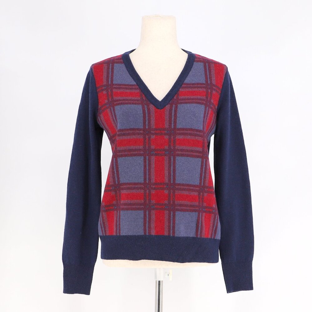 EQUIPMENT Ceclie Wool Yak Blend Plaid Tartan V-Neck Sweater Navy Red Size S